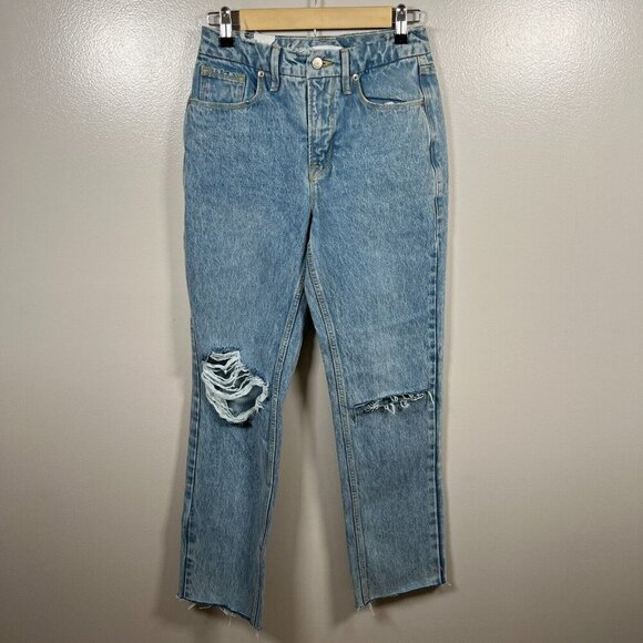 Good American Good 90s Icon High Rise Straight Jeans SIze 0/25 Distressed Blue - Picture 1 of 12